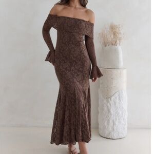 Fortunate One - Brown Here For Love Off Shoulder Mesh Maxi Dress